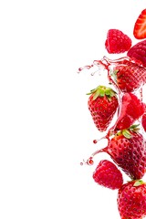 Fresh Strawberries and Raspberries in Vertical Juice Splash with Large White Copy Space