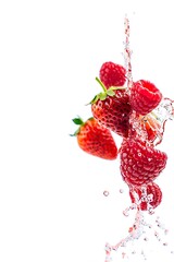 Fresh Strawberries and Raspberries Splashing in Vertical Water Stream on White