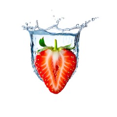 Fresh Strawberry Slice Halved in Water with Dynamic Crown Splash on White Background