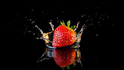 Fresh Ripe Strawberry Falling into Water with Dynamic Crown Splash on Black Background