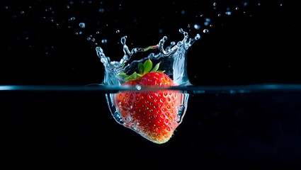 Fresh Ripe Strawberry Splashing into Water with High-Speed Liquid Explosion on Black