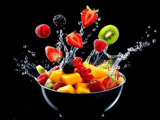 Fresh Mixed Fruit Salad Splashing in Bowl with Flying Berries and Kiwi on Black