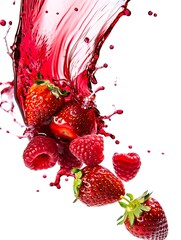 Fresh Strawberries and Raspberries in Vibrant Red Fruit Juice Splash on White