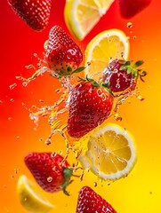 Fresh Strawberry and Lemon Slices Splashing with Water on Vibrant Red and Orange Background