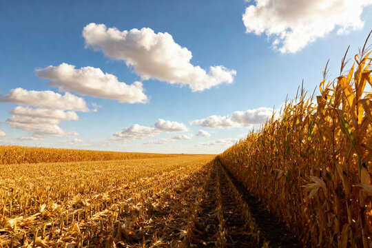 Golden cornfield under vibrant blue sky with fluffy clouds in autumn - Powered by Adobe