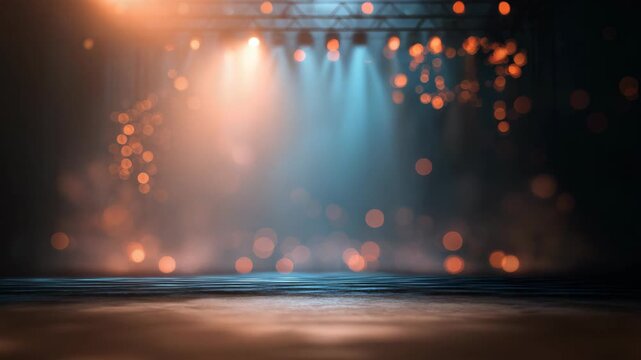 A blank stage setup with bright spotlights cutting through atmospheric smoke, creating a dramatic and cinematic scene ready for a performance, presentation, or event with strong lighting and mood.
