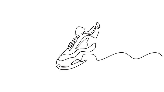 Self animated minimalist continuous one-line drawing of a sneaker. Full length single line art animation