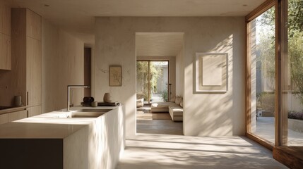 photo of a kitchen in a minimalist house, japandi interior style with wood and concrete materials, large windows overlooking a garden
