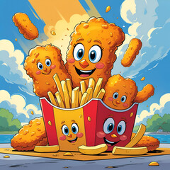 Cartoon chicken nuggets fast food restaurant meal