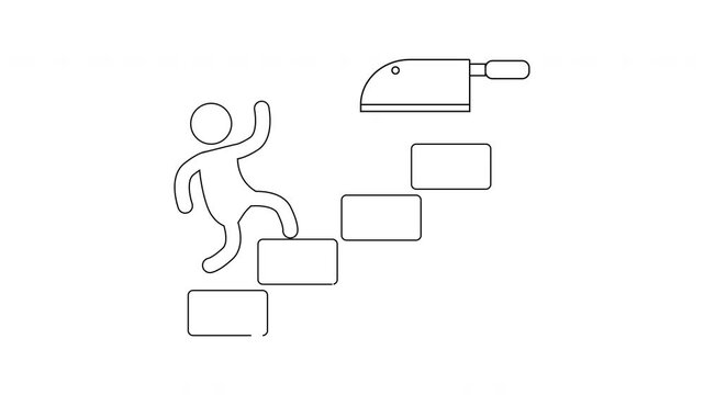 Line drawing of a person climbing steps above which floats a cleaver