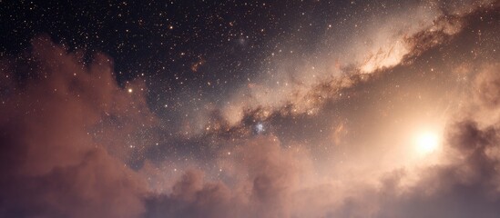 A breathtaking cosmic vista showcasing a vibrant nebula, interspersed with countless stars and a radiant, warm-toned sun peeking through ethereal, reddish-brown clouds