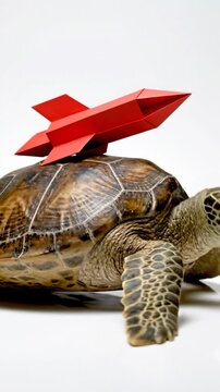 A slow turtle with a fast red origami rocket on its back, moving on a white ground