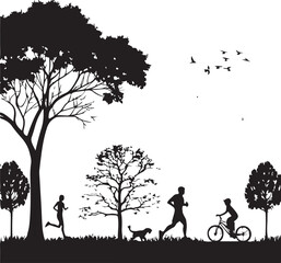 Silhouettes of people running, cycling, and walking a dog in a park with trees and grass recreation fitness