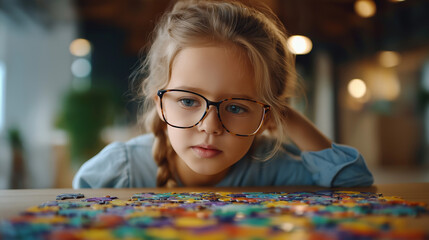 Faceless young girl focused on colorful puzzle wearing glasses, indoor educational activity close-up, concentration and learning, defocused play area, with copy space