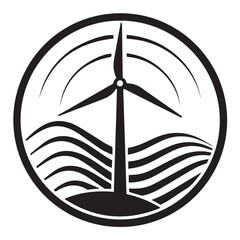 Stylized wind turbine in a circular frame with wavy lines representing wind and landscape Keywords: wind turbine, renewable energy, wind power, sustainability, environment, clean energy