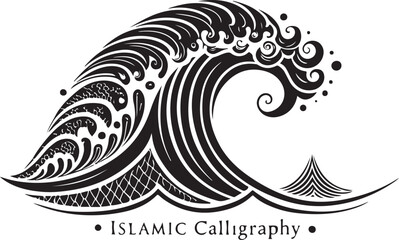 Stylized black and white illustration of a powerful breaking wave with intricate patterns and Islamic calligraphy on a white background