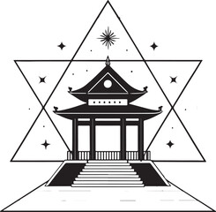 Stylized black and white illustration of a traditional East Asian pagoda within a Star of David and celestial elements