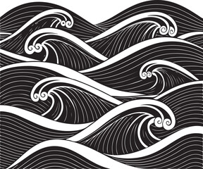 Stylized black and white illustration of ocean waves in a repeating pattern Keywords: waves, ocean, sea, water, nature, pattern, design, graphic, illustration, abstract, black and white, stylized