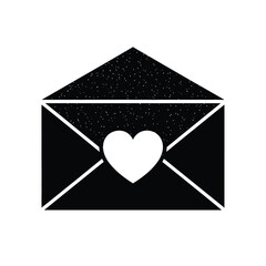 A simple black and white illustration depicts an envelope with a heart shape emerging from within it high quality professional detailed