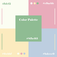 Pastel color palette vector illustration featuring various shades with corresponding hex codes, ideal for design inspiration. Includes colors like soft pink, green, yellow, and blue.
