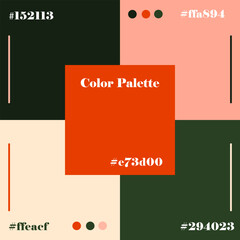 Vector illustration of a modern color palette featuring distinct hex codes. The design showcases a balanced combination of peach, dark green, and coral tones, ideal for design projects.