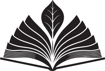 Stylized Open Book with Leaf and Petal Design Keywords: book, open book, education, learning, knowledge, wisdom, growth, nature, leaf, petals, abstract, design, symbol, concept, black and white