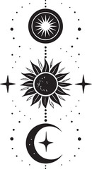 Stylized sun moon and stars with dots and crosses in black and white vector Keywords: sun, moon, stars, celestial, mystic, symbol, astrology, astronomy, cosmic, night, day, eclipse, crescent moon