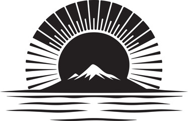 Stylized Sun Rising Over Mountain and Water Silhouette Logo sunrise ocean