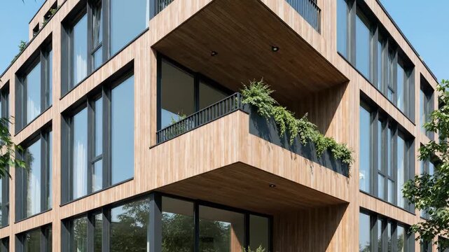 Modern Architectural Design Wood-Clad Facade with Balconies
