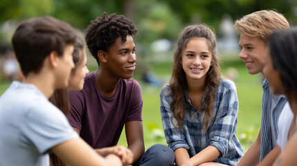 Fototapeta premium Group of faceless multiethnic teenagers spending time outdoors on picnic at park, social gathering and friendship, defocused green landscape, summer youth activity, with copy space