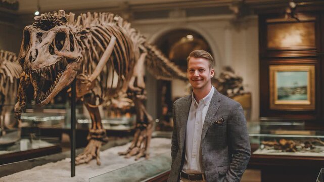 Paleontologists standing at museum with dinosaur skeletons as background