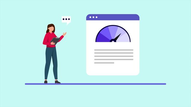 Animated video of goala company expert looks at benchmarking from a laptop. Benchmarking concept. Full length animation illustration. High quality&nbsp;4k&nbsp;footage
