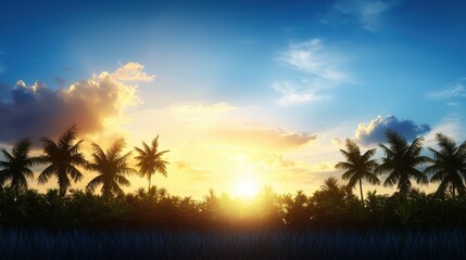 Obraz premium Breathtaking Sunset Over Tropical Landscape with Silhouette of Palm Trees