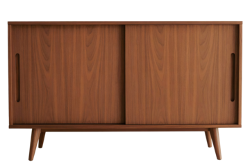 Mid-century modern wooden cabinet with sliding doors transparent background