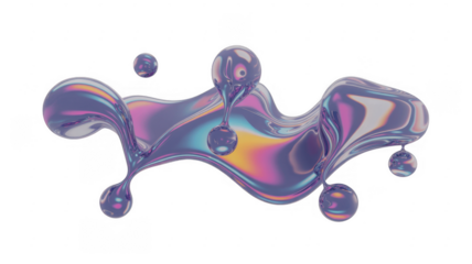 Iridescent Liquid Splash with Rainbow Colors and Bubbles isolated on a transparent background