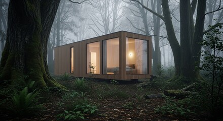 Minimalist modern cabin in a foggy, misty woodland.
A sleek, rectangular wood and glass cabin glowing with warm interior light, nestled deep within an atmospheric