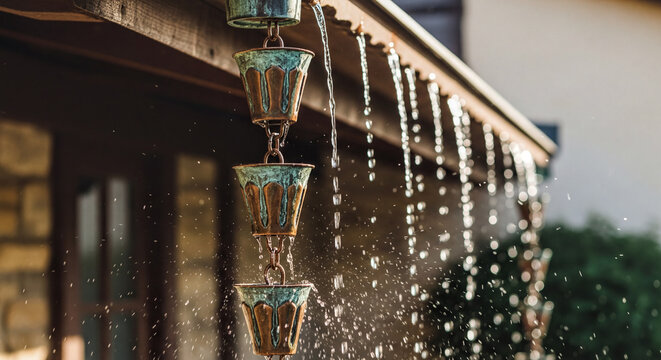 Close-up of a vintage copper rain chain with water splashing.
A close-up shot of a traditional Japanese-style rain chain (kusarigoi) made of aged copper cups