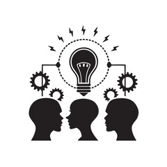 Three silhouettes of heads connected by gears to a lightbulb with radiating lightning bolts idea concept