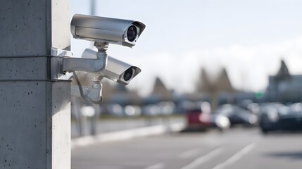 Security cameras on a pole overlook a parking lot emphasizing protection and modern surveillance systems
