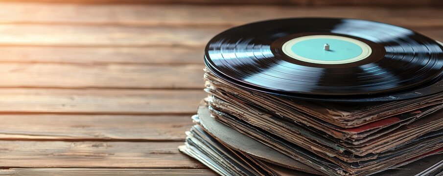 Vintage Vinyl Record on Stack of Album Covers in Warm Lighting