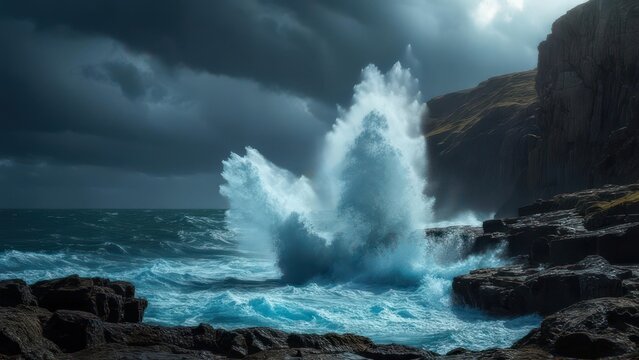 Dramatic image of a massive wave crashing against a rugged, dark coastline under a stormy sky