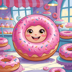 Cartoon pink donut dessert character vector bakery