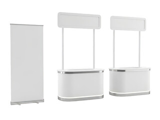 White exhibition booth and roll-up banner isolated on transparent background