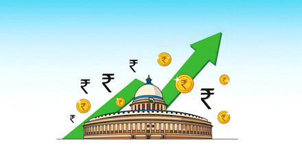 Rising Economy of India. Rupee Symbol with Parliament and Growth Chart.