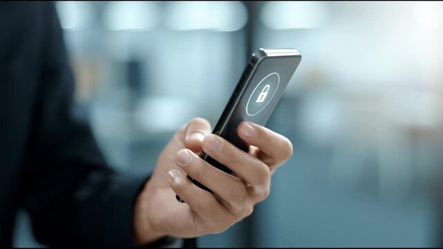 A man is holding a cell phone with a lock icon on it. Concept of security and protection, as the lock symbolizes the phone's ability to keep information safe and private. The man's attire