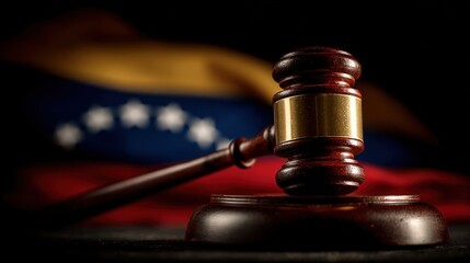 Judicial Gavel Striking Near Sanction Blocks with Venezuelan Flag Background