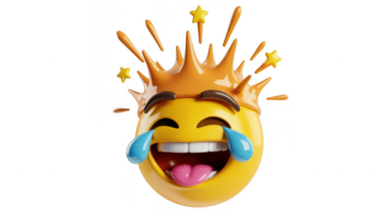 Laughing emoji with orange splash and stars yellow stars cartoon face isolated on a transparent background