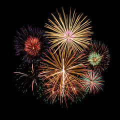 Fireworks of various colors and shapes burst in night sky