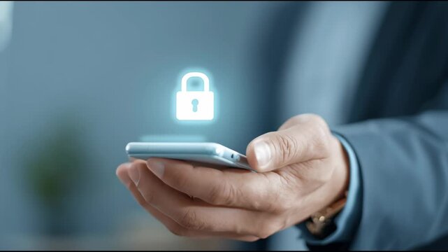 A person is holding a cell phone with a lock icon on it. Concept of security and protection, as the lock symbolizes the phone's ability to keep information safe. Scene is serious and focused