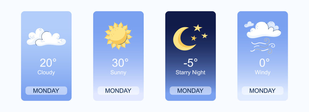 Mobile weather app interface design. Elements for weather forecast mobile app. Cloudy, sunny, Starry night and Windy. Vector illustration. Temperature, weather condition user interface generator.
